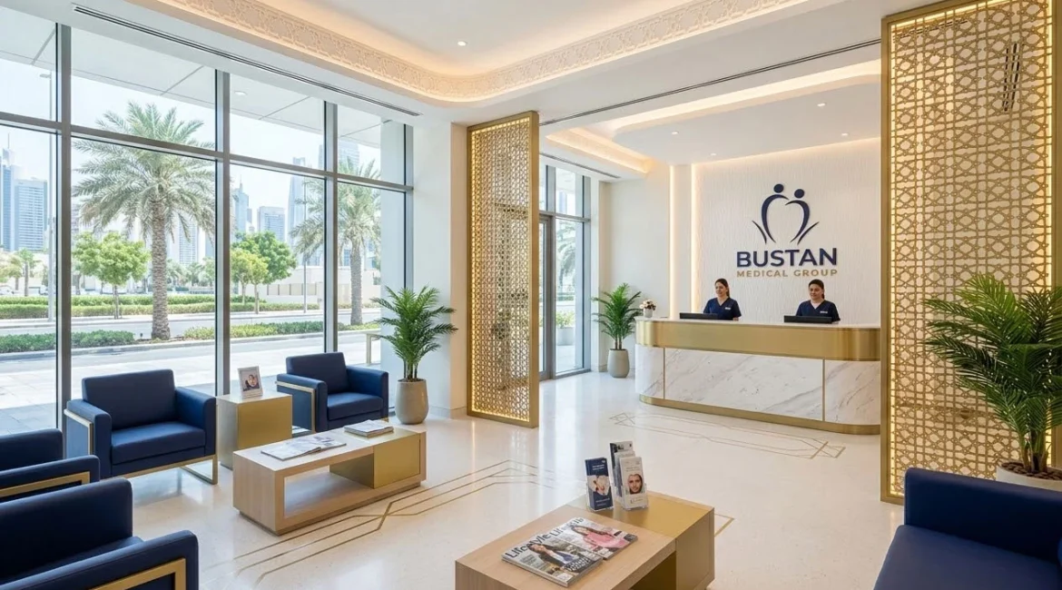 Modern dental clinic reception area in Khalifa City Abu Dhabi showing comfortable waiting area with ABMG branding