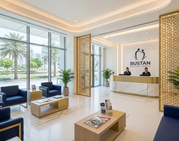 Modern dental clinic reception area in Khalifa City Abu Dhabi showing comfortable waiting area with ABMG branding