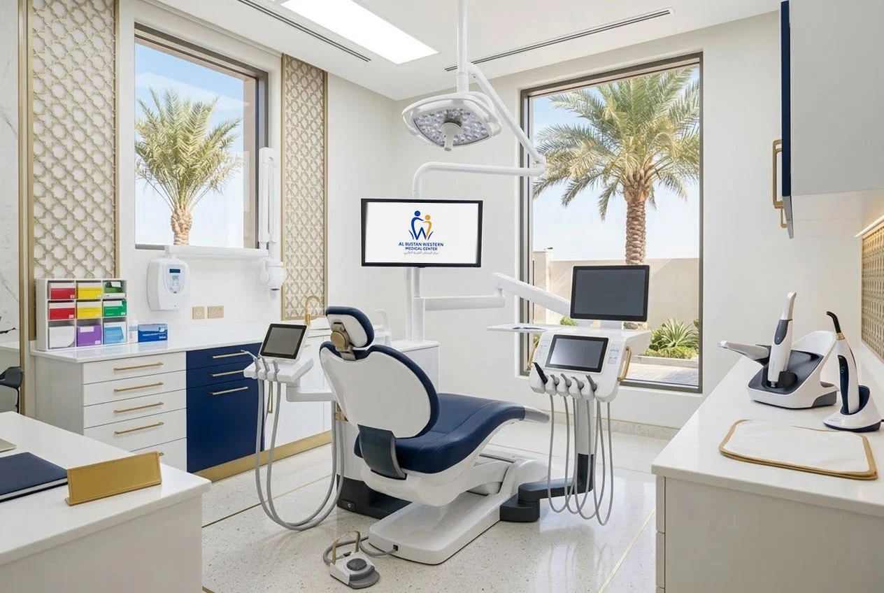 Modern dental treatment room with advanced equipment at Al Bustan Western Medical Center showing cosmetic dentistry technology in Khalifa City Abu Dhabi