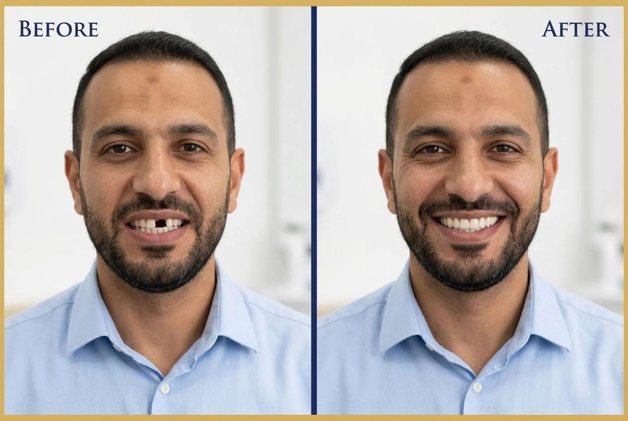Before & After dental implants Abu Dhabi UAE - single tooth implant restoration of local Emirati patient complete smile transformation at Al Bustan Medical Center