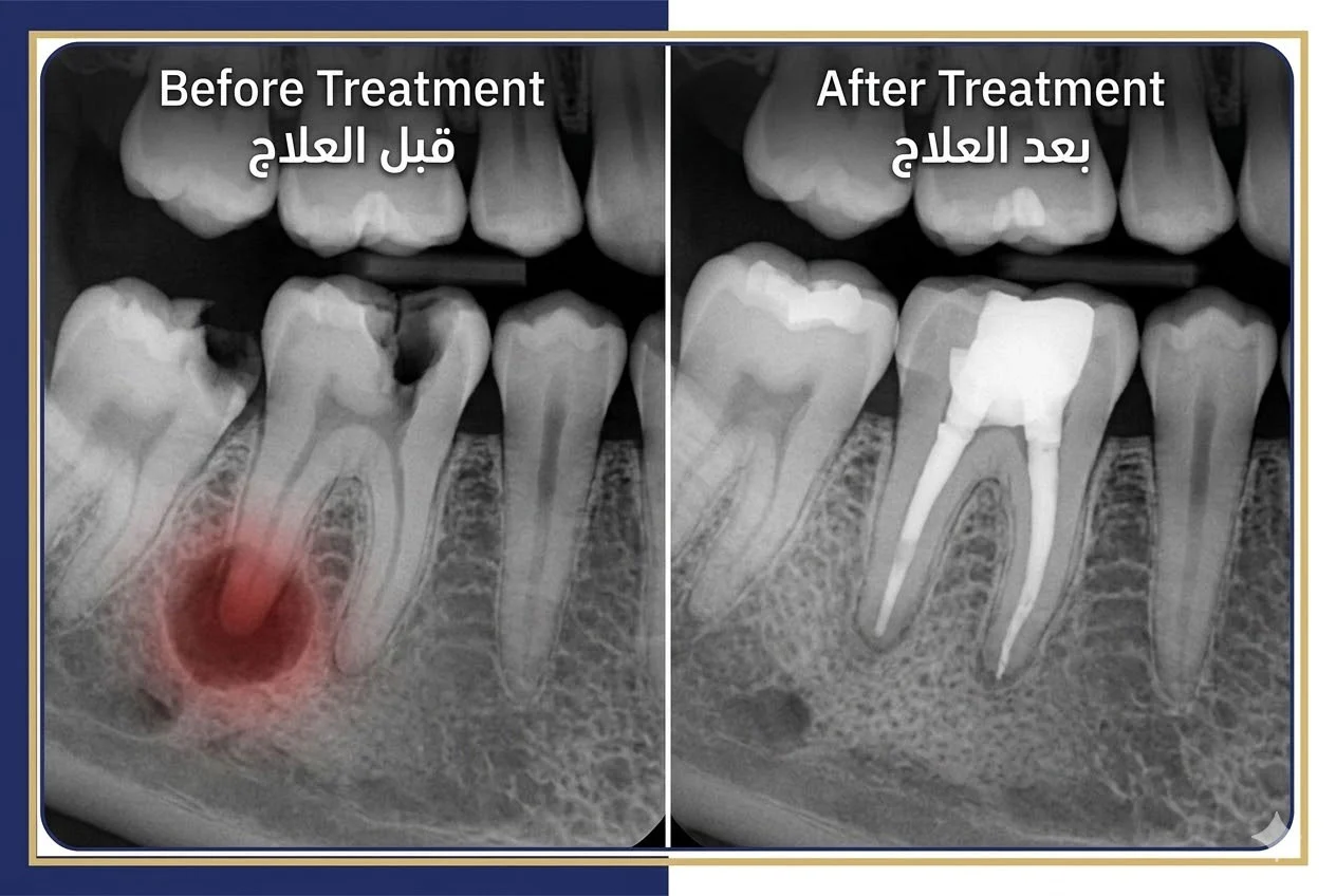 Before and after X-ray comparison showing infected tooth with abscess versus healed tooth after successful root canal treatment in Abu Dhabi endodontic practice
