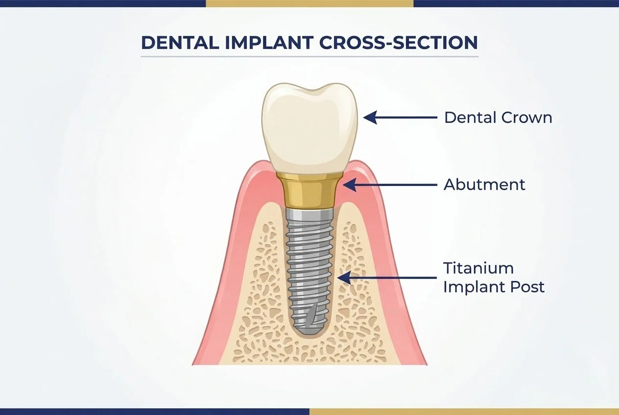 Dental implant components diagram showing titanium post, abutment, and crown