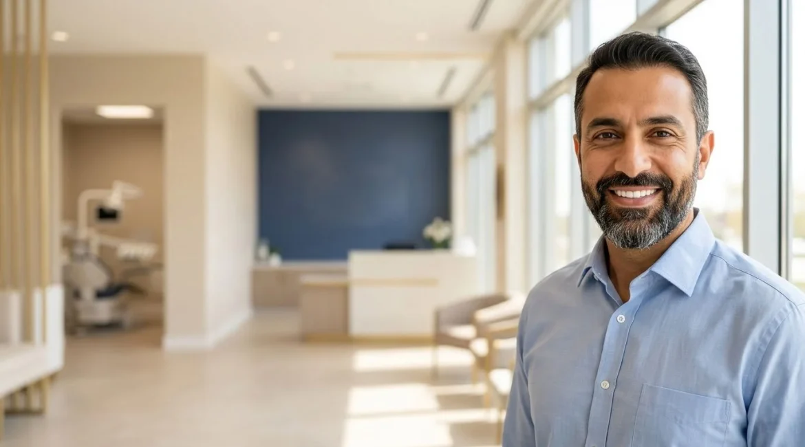 Confident patient with perfect smile at Al Bustan Medical Group dental implant clinic in Abu Dhabi