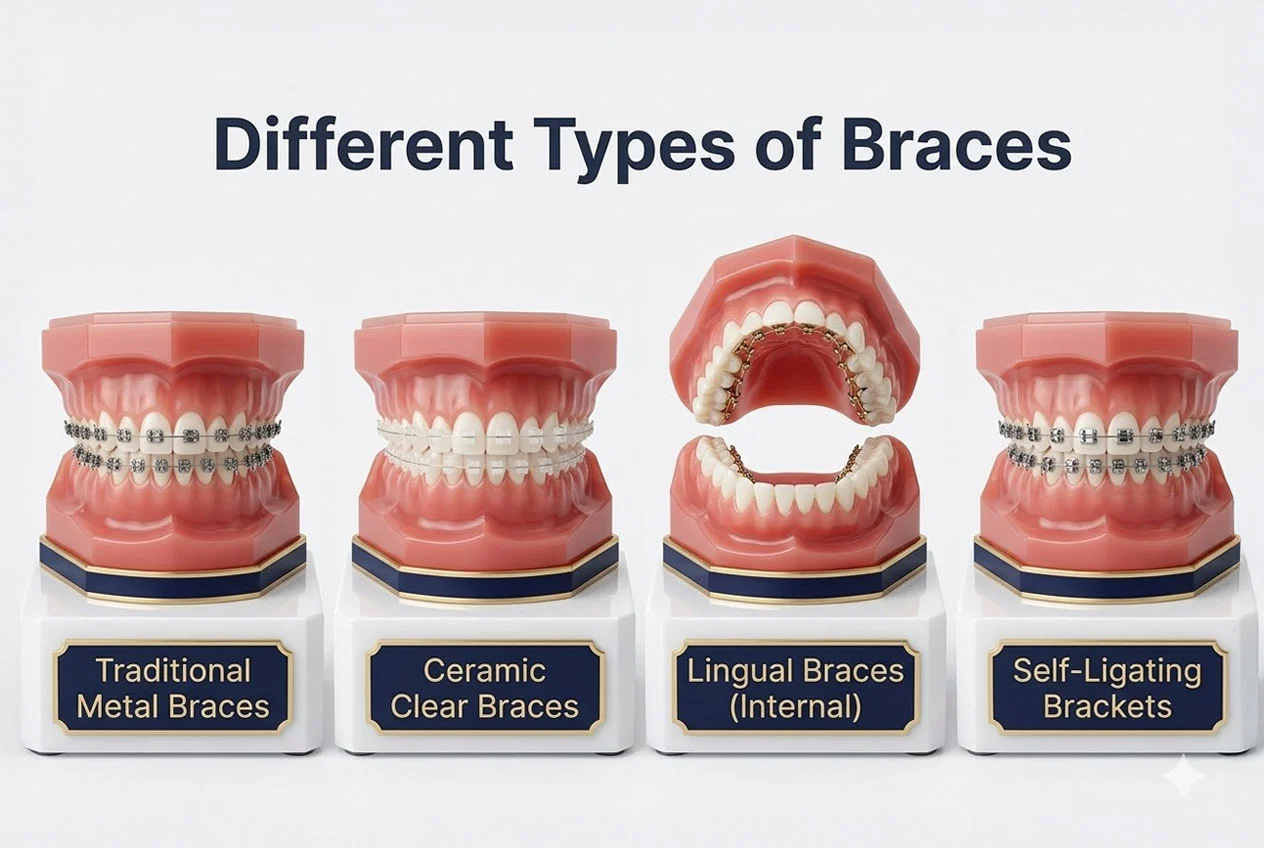Four types of traditional braces displayed side by side metal ceramic lingual and self-ligating brackets in Abu Dhabi orthodontic office