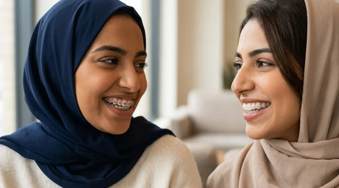 Two Arab women friends smiling showing metal braces and Invisalign clear aligners in candid moment Abu Dhabi orthodontic care