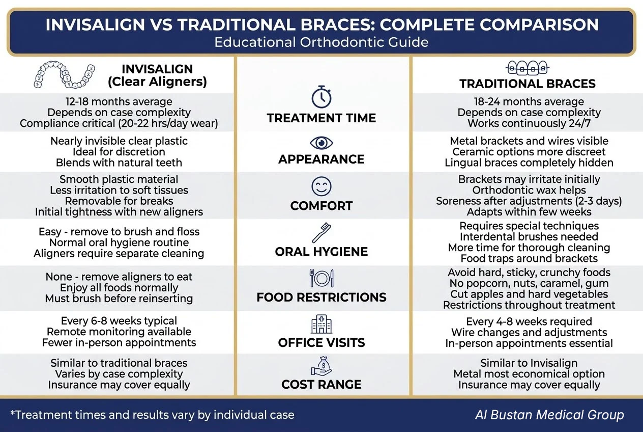Infographic comparing Invisalign versus traditional braces showing key differences in treatment duration appearance and maintenance in Abu Dhabi