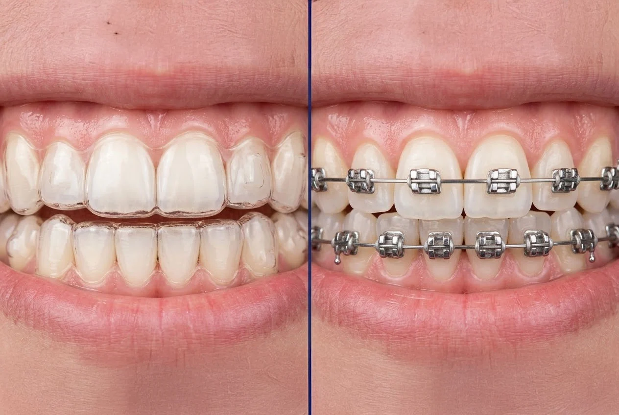 Side by side comparison showing Invisalign clear aligners and traditional metal braces in Abu Dhabi orthodontic clinic