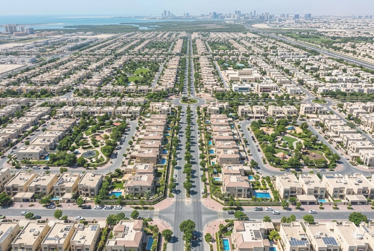 Aerial view of residential Khalifa City Abu Dhabi showing modern villas, organized streets, and community facilities representing quality family neighborhood
