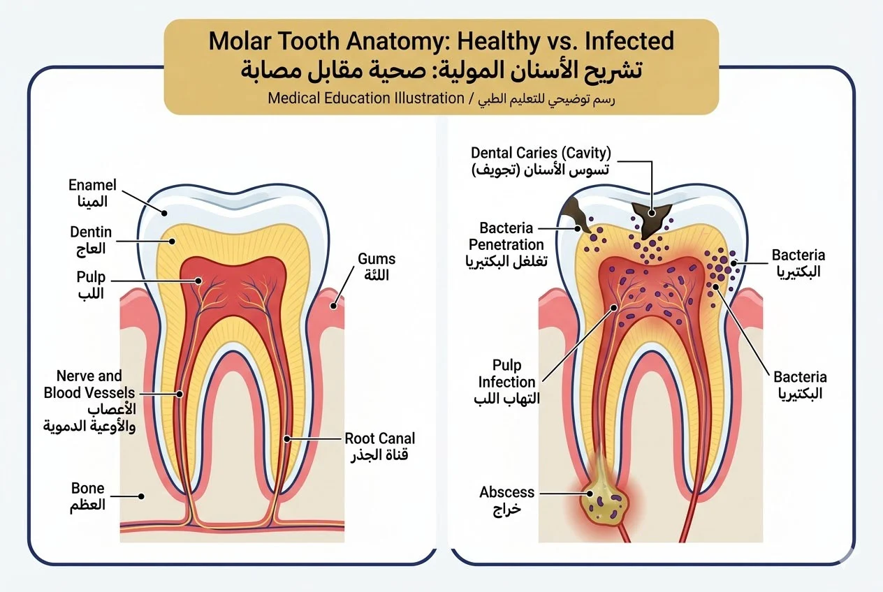 Detailed anatomical diagram of tooth structure showing enamel dentin pulp and root canals with infection progression stages for endodontic education Abu Dhabi