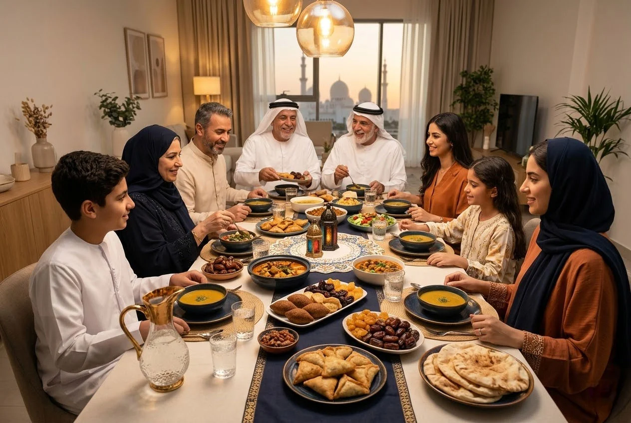 Family observing Ramadan Iftar maintaining oral health Abu Dhabi - Al Bustan Medical Group