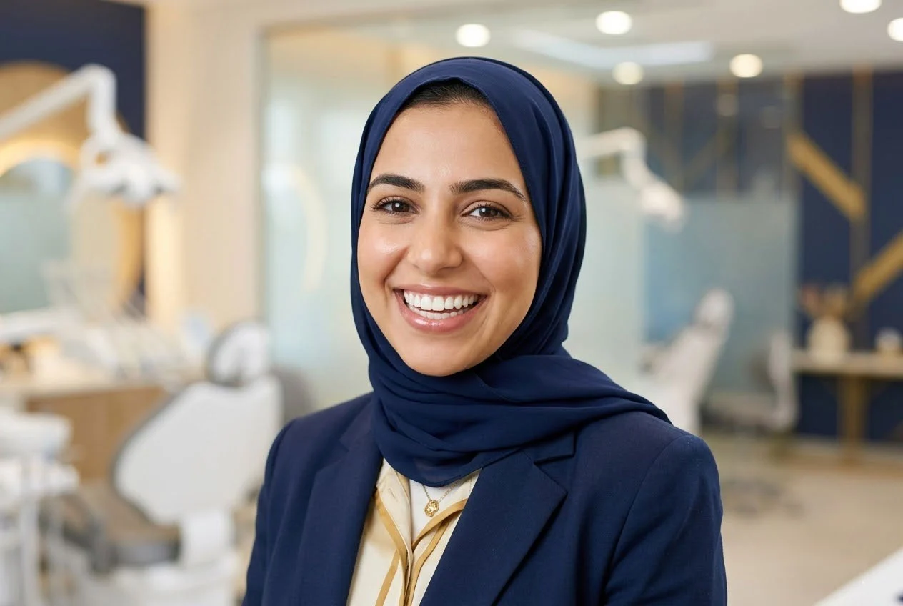 Confident Middle Eastern professional woman smiling showing healthy teeth after successful root canal treatment at Al Bustan Medical Group Abu Dhabi