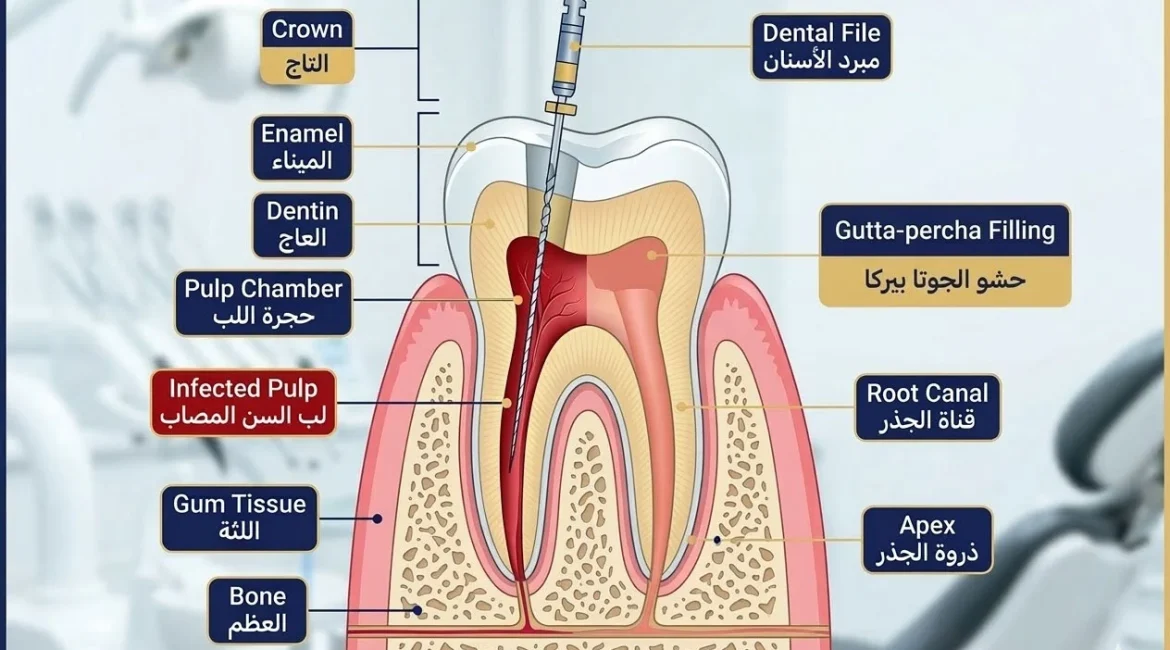 Professional dental diagram showing root canal treatment procedure with infected tooth pulp removal and filling in Abu Dhabi endodontic clinic