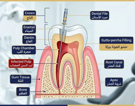 Professional dental diagram showing root canal treatment procedure with infected tooth pulp removal and filling in Abu Dhabi endodontic clinic