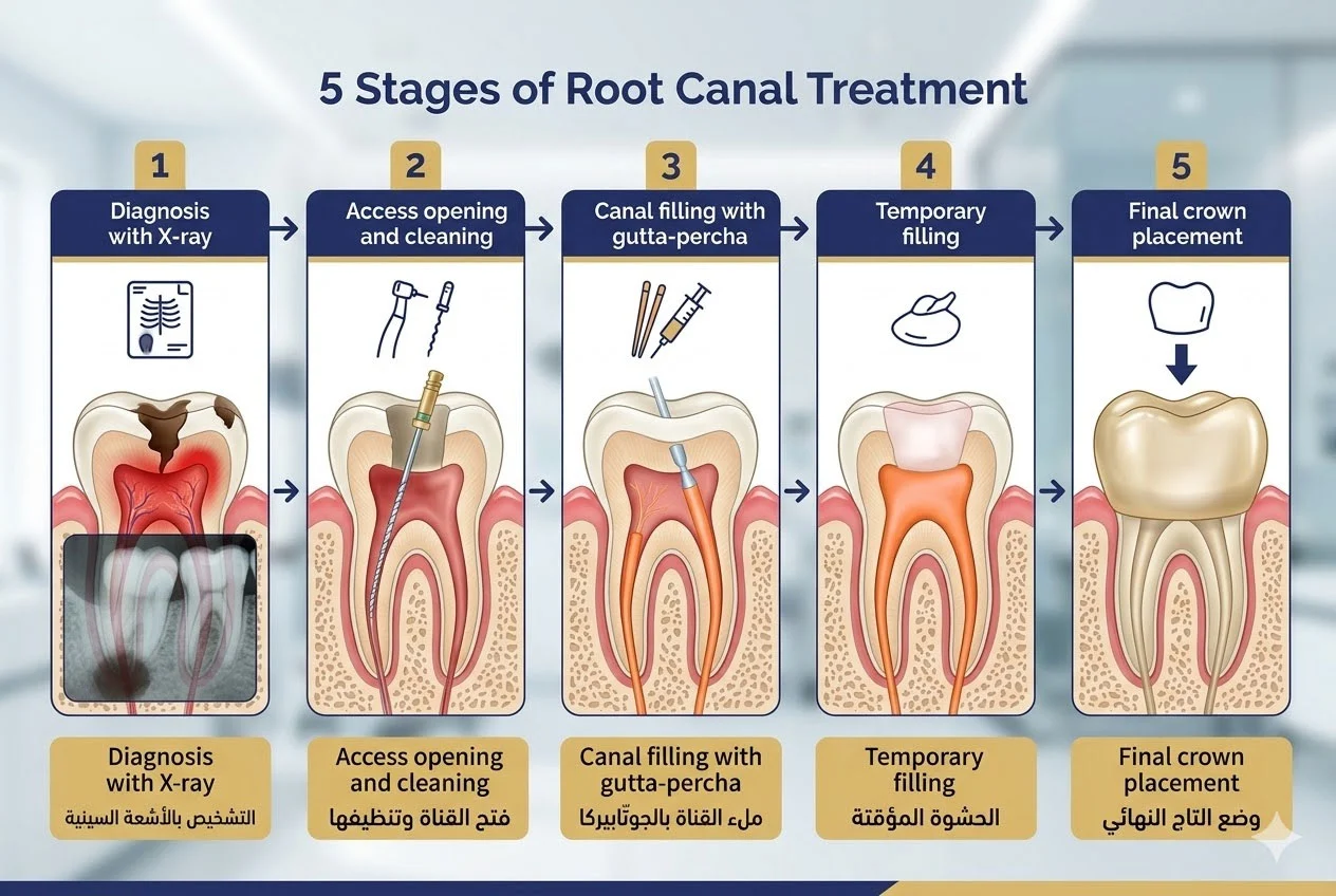 Step by step illustrated guide showing root canal treatment procedure from diagnosis to crown placement in modern Abu Dhabi dental clinic